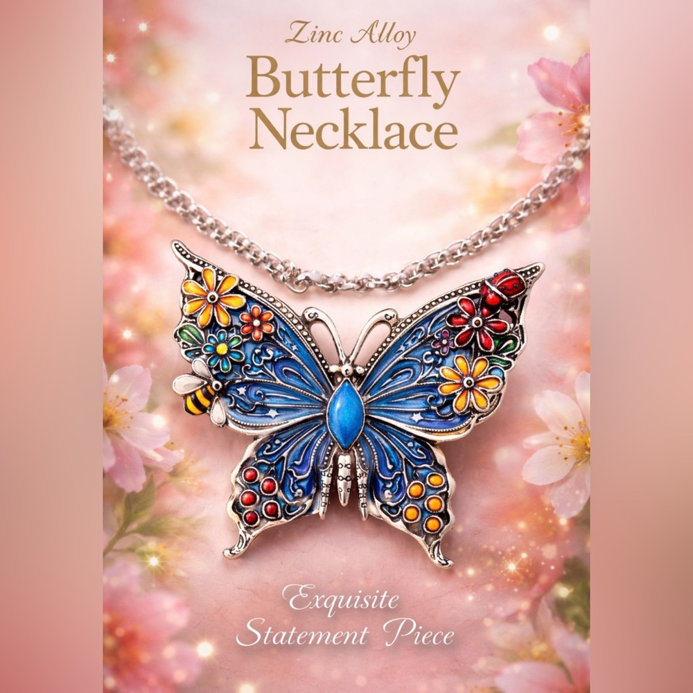 Colorful Butterfly Pendant Necklace, Large Statement Piece New